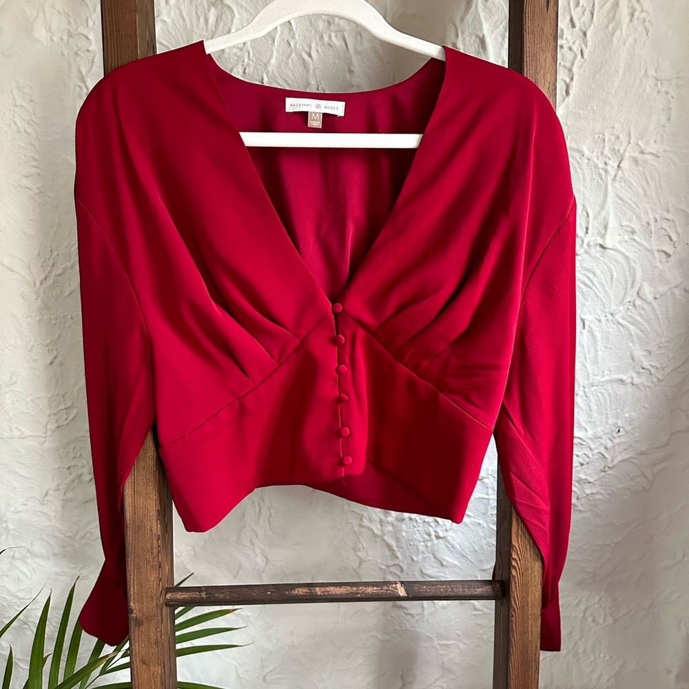 Beautiful Rose Red Button Detail Plunge Neck Blouse